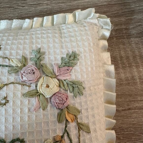 Peace Accent Embroidered Pillow Floral Inspirational Cottage Grannycore Ruffles - Picture 3 of 7